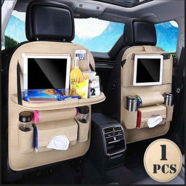 1 Pack Car Back Seat PU Leather Organizer With Foldable Table Tray Color Beige