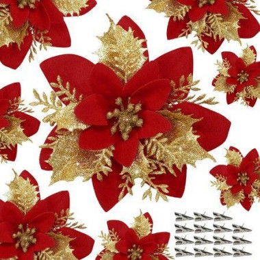 10 PCS Red Poinsettia Flower Artificial Tree Pointsettia With Clips Christmas Decor Glitter Ornaments