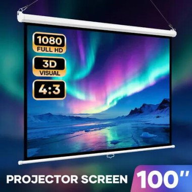 100 Inch Projector Screen 1080P HD Manual Pull Down Retractable Wall Ceiling Mounted Home Movie Cinema Theatre Office Classroom 3D Ready TV Projection