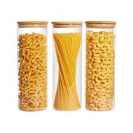 Detailed information about the product 10*30 CM Glass Food Storage Jars, Set of 3 Large Food Containers with Airtight Bamboo Wood Lids for Pasta, Nuts, Flour, Storage Containers