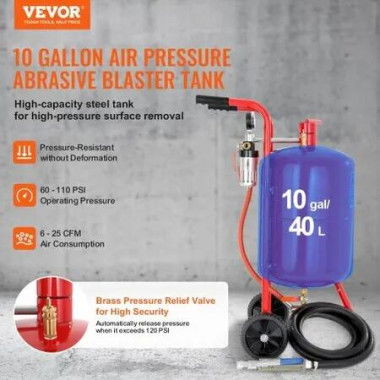 10Gal/40L Sandblaster Equipped w/Nozzle Shut-Off Valve Pressure Gauge Ceramic Nozzle Rubber Wheels Grit Power Sand Blasters Portable Sandblasting Equipment