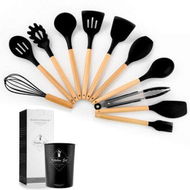 Detailed information about the product 11 Pcs Silicone Cooking Utensils Kitchen Utensil Set Heat Resistant,Spoon, Brush, Whisk, Wooden Handle Black Kitchen Gadgets with Holder for Cookware Color Black