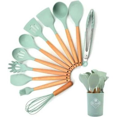 11-Piece Silicone Non-stick Cooking Utensil Set with Heat Resistant Wooden Handles (Green)