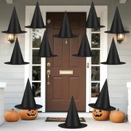 Detailed information about the product 12 PCS Witch Hats,Thickened Hanging Witches Hat Halloween Decor,Black Wizard Hat with 32M Rope Witches Hats to Hang from Ceiling
