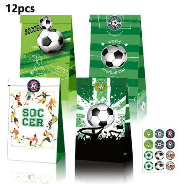 12 Set Football Club Gift Wrapping Bag 8x12x22cm Paper Bag with Stickers Treat Bags Loot Bag for Party Supplies