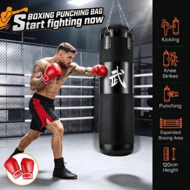 120cm Punching Bag Set Gloves Chain Swivel MMA Kickboxing Training Equipment Home Gym Fitness Workout Oxford Leather Adults Exercise Sport