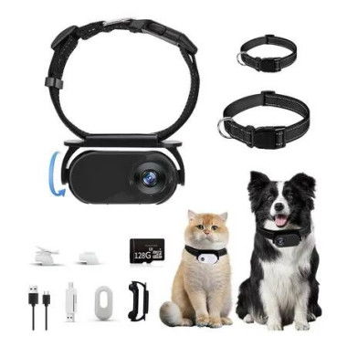 128GB Dog Cat Camera Collar, 1080P Collar Camera Mini Body for Pets, Action Recorder for Cats and Dogs, Dog Tracker Cam Collar Outdoor or Indoor, Black