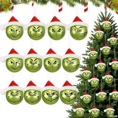 12Pcs Grinch Christmas Balls Ornaments Christmas Tree Decorations Hanging Xmas Elf Balls Ornaments with Red Christams Hat for Holiday Decor