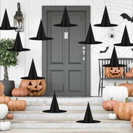 Detailed information about the product 12pcs Halloween Black Witch Hats Costume Accessory Decorations,Thickened Hanging Wizard Hats Bulk with Hanging Rope,Floating Front Porch Yard Indoor Outdoor Hocus Pocus Decor