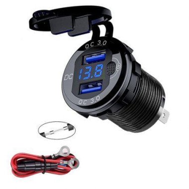 12V Socket USB Charger Dual QC 3.0 With LED Voltmeter And Power Switch Waterproof Aluminum Car Charger Adapter For RV Marine Motorcycle Truck Golf Cart RV Etc.