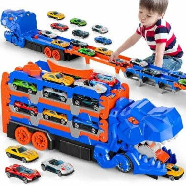 13 in 1 Dinos Race Track Toys Foldable Track Transport Dino Truck with 12 Diecast Cars, Carrier Truck Toy Birthday Gifts Toys for Boys 3-4 Years,Blue