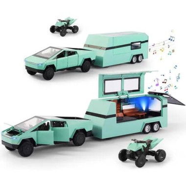 1/32 Toy Car Metal Model for Kid Age 3 Up, Alloy Diecast Pickup Trailer RV Model Kit for Boy Girl Toddler Birthday, Green