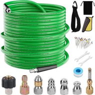 Detailed information about the product 14 PCS Set Green 50 FT Sewer Jetter Kit for Pressure Washer 5800PSI Drain Cleaner Hose 1/4 Inch NPT Corner Rotating and Button Nose
