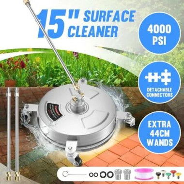 15 Inch High Pressure Washer Surface Cleaner Concrete Driveway Scrubber Wheel Stainless Steel 4000PSI Power Extension Wand 1/4â€ Connector Spray Nozzle