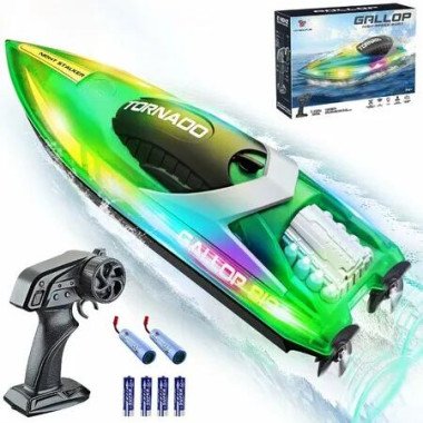 15+ MPH RC Boat LED Lights Fast RC Boat Toys Pool Lake Remote Control Speed Boat 2.4Ghz Race Boats Outdoor Pool Toys Green Water Sports col.Green