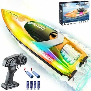 15+ MPH RC Boat LED Lights Fast RC Boat Toys Pool Lake Remote Control Speed Boat 2.4Ghz Race Boats Outdoor Pool Toys Green Water Sports col.Orange
