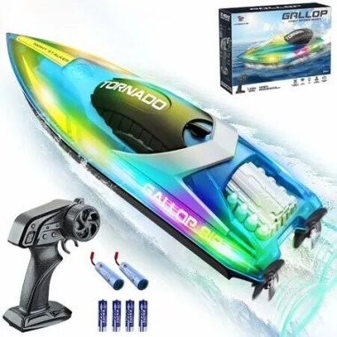 15+ MPH RC Boat LED Lights Fast RC Boat Toys Pool Lake Remote Control Speed Boat 2.4Ghz Race Boats Teens Outdoor Pool Toys Green Water Sports col.Blue