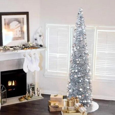 150cm Pop Up Christmas Tree,Collapsible Christmas Tinsel Tree Artificial Tree Christmas Decoration for Holiday Home Office Party Color Silver