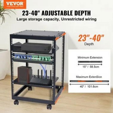 15U Open Frame Server Rack Adjustable Depth Free Standing or Wall Mount Network Server Rack 4 Post AV Rack with Casters Holds All Your Networking