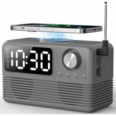 15W Fast Wireless Charger with Bluetooth Speaker and Alarm Clock Radio,4 in1 Wireless Charging Station for Phones with FM Radio for Bedroom, Grey