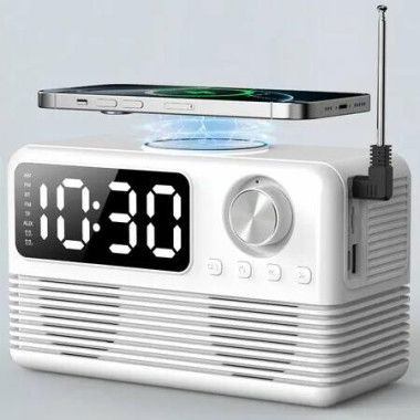 15W Fast Wireless Charger with Bluetooth Speaker and Alarm Clock Radio,4 in1 Wireless Charging Station for Phones with FM Radio for Bedroom, White