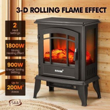 16 Inch Panoramic Electric Fireplace Heater Stove 1800W Portable Flame Thermostat