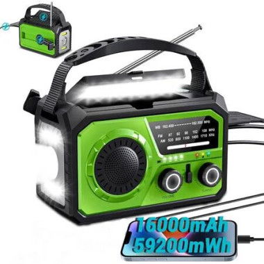16000mAh Solar Crank Emergency Radio, NOAA AM FM Weather Radio for Camping Survival Outdoor Emergencies, Geen