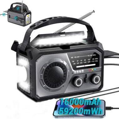 16000mAh Solar Crank Emergency Radio, Wireless NOAA AM FM Weather Radio for Camping Survival Outdoor Emergencies, Grey