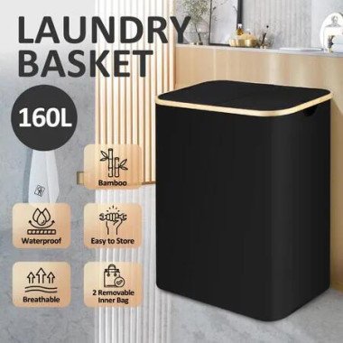 160L Laundry Basket Hamper Large Foldable Washing Bag Clothes Storage Bin Toys Organizer Sorter 2 Sections with Lids Wheels
