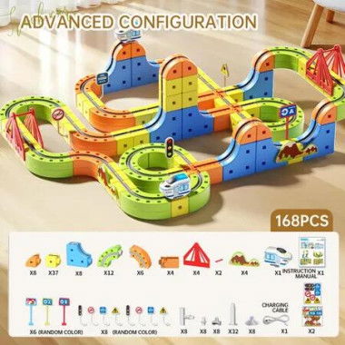 160pcs Rail Train Set 3D Embedded Race Track Gravity Defying Motorized Car Rail Cube DIY Montessori Sensory Building Toy STEM Christmas Birthday Gift
