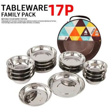 17pcs Stainless Steel Dinnerware Camping Cooking Tableware Cutlery Organizer Utensil Plates Bowls Set Backpacking Hiking Picnic