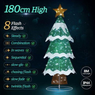 180cm Christmas Tree Decoration LED Strip Light Home Display Xmas Outdoor Holiday Ornaments Folding 3 Tiers 8 Flickering Effects Star Topper