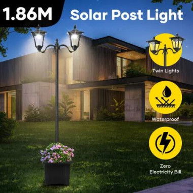 186cm Solar Led Light Post Planter Outdoor Street Garden Security Pole Lamp Driveway Pathway Patio Yard Energy Powered Pillar Lantern Double Lights