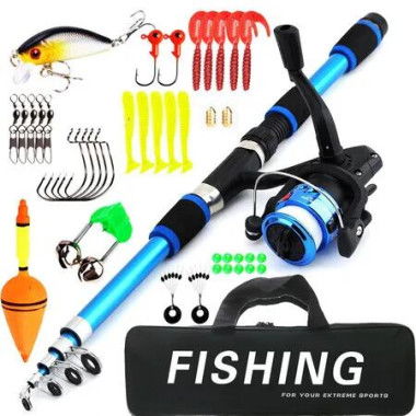 1.8M Telescopic Fishing Rod and Spinning Reel Combo,Kids Fishing Tackle Kit with Lures,Hooks,Line,Carrier Bag For Saltwater and Freshwater Fishing
