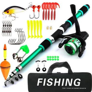 1.8M Telescopic Fishing Rod and Spinning Reel Combo,Kids Fishing Tackle Kit with Lures,Hooks,Line,Carrier Bag For Saltwater and Freshwater Fishing