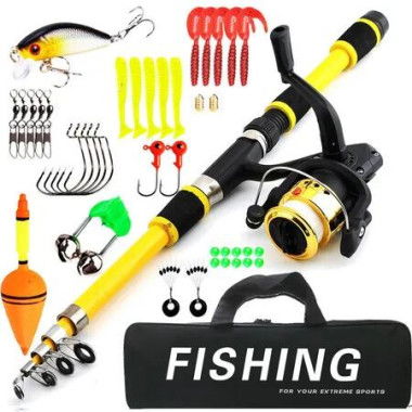 1.8M Telescopic Fishing Rod and Spinning Reel Combo,Kids Fishing Tackle Kit with Lures,Hooks,Line,Carrier Bag For Saltwater and Freshwater Fishing