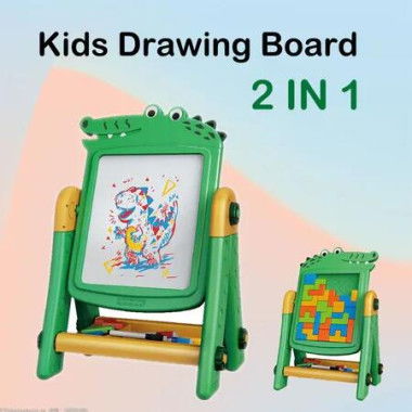 2 in 1 Art Easel for Kids, Building Blocks, Drawing Board with Painting Accessories Green