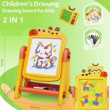 2 in 1 Art Easel for Kids, Building Blocks, Drawing Board with Painting Accessories Yellow