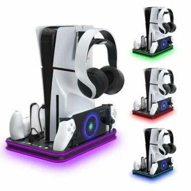 2 in 1 Cooling Station and Charging Stand with RGB LED, Player Magnetic Charger,PS5 Accessories- Black