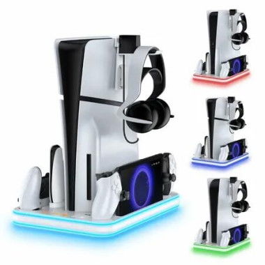 2 in 1 Cooling Station and Charging Stand with RGB LED, Remote Player Magnetic Charger,PS5 Accessories- White