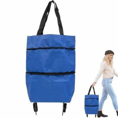 2 In 1 Foldable Shopping Cart With Wheels,25Kg Heavy Duty Collapsible Grocery Utility Trolley,Oxford Reusable Bag For Travel Shopping,Blue