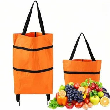 2 In 1 Foldable Shopping Cart With Wheels,25Kg Heavy Duty Collapsible Grocery Utility Trolley,Oxford Reusable Bag For Travel Shopping,Orange