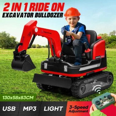 2 in 1 Kids Excavator Bulldozer Toy Electric Ride On Car Remote Control Pedal Digger Tractor Vehicle Off Road RC 360 Degree Rotating 12V 12AH Battery