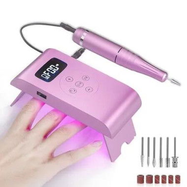 2 in 1 Portable Electric Nail Drill 35000 RPM Electrical Professional Nail File Kit, Nail Dryer UV Lamp Manicure for Acrylic, Gel Nails-Pink