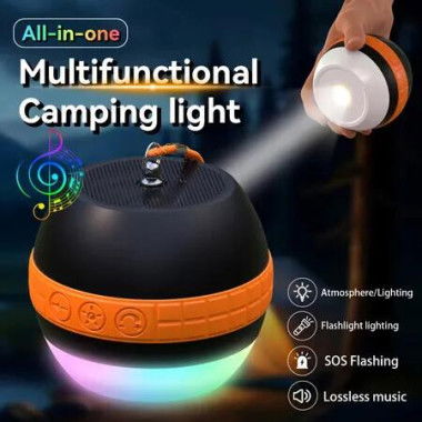 2-in-1 Portable Multifunctional Camping Tent Lamp with Bluetooth Speaker,7 RGB Color Modes,SOS Flashlight,Lossles Music