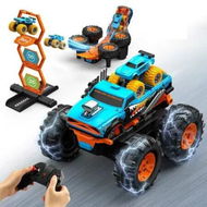 Detailed information about the product 2-in-1 Remote Control Car with Transform Launcher Track 1:16 RC Monster Truck Toys 2.4GHz,360 Degree Flips Towing Mini Cars Electric Scoring Gate Truck
