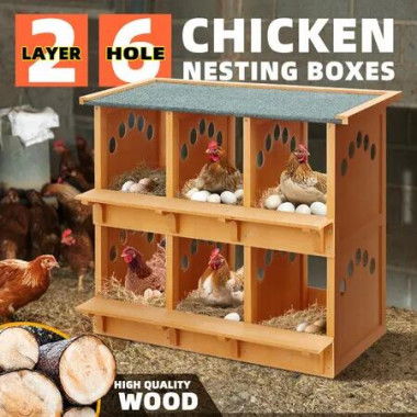 2 Layer Wood Chicken Nesting Box 6 Hole Chook Hen Laying Boxes Duck Poultry Coop House Egg Nest Hatch Perch Brooder Breeding Waterproof Lid