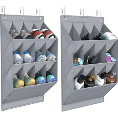 2-Pack Hanging Shoe Organizer, 6 Hooks Shoe Storage Rack with 12 Large Pockets and 2 Larger Compartments (Grey)