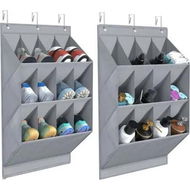 Detailed information about the product 2-Pack Hanging Shoe Organizer, 6 Hooks Shoe Storage Rack with 12 Large Pockets and 2 Larger Compartments (Grey)