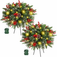 Detailed information about the product 2 Pack Prelit Artificial Christmas Trees Lights, Christmas Tree Pathway Lights with Stake Red Berries Pinecones Xmas Lights